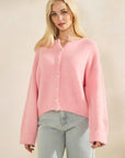 BTTRMMT Pink Millie Cardigan front view with button-front design, soft fuzzy knit, and relaxed cozy fit