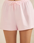 BTTRMMT Pink Sweet Easy Flow Shorts close-up showing elastic waistband detail, drawstring tie, and soft fabric