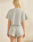Back view of BTTRMMT Gray Zenna Chill Set showing ribbed cropped top and matching high-waist shorts in a relaxed fit.