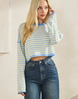 Close-up of BTTRMMT Blue Rumi Pop Stripe Knit showing pastel blue and yellow stripes and soft ribbed knit texture.