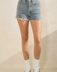 BTTRMMT Sunkissed Fringe High Rise Denim Shorts front view with high-rise fit and raw fringe hem