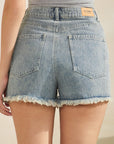 BTTRMMT Sunkissed Fringe High Rise Denim Shorts back view with flattering cut and distressed hem
