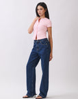 BTTRMMT Pink Blair Button Top side view showing slim fit, ribbed texture, and short sleeve cut