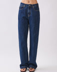 Front view of BTTRMMT Emery Straight Jean in dark blue denim, featuring a relaxed straight-leg fit and mid-rise waist.