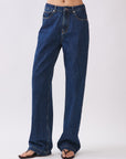 Front view of BTTRMMT Emery Straight Jean in dark blue denim, featuring a relaxed straight-leg fit and mid-rise waist.