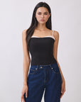 BTTRMMT Hadley Contrast Trim Top front view with fitted silhouette, spaghetti straps, and contrast neckline
