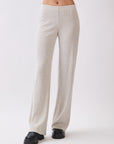 Front view of BTTRMMT Rae Wide Rib Pant in light beige, featuring soft ribbed texture, relaxed fit, and wide-leg silhouette.