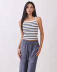 Close-up of BTTRMMT Ivory and Navy Striped Ribbed Tank Top with square neckline and soft textured fabric detail.