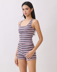 Side view of model wearing BTTRMMT Aurora Soft Stripe Set, ribbed pink and navy striped romper with slim fit.