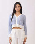 BTTRMMT Jordyn Contrast Knit Cardigan front view with cropped fit, V-neckline, contrast trim, and textured knit