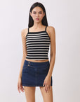 BTTRMMT Black Striped Ribbed Tank Top โ cropped fit with square neckline, paired with denim mini skirt.