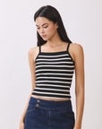 BTTRMMT Ivory and Black Striped Ribbed Tank Top โ close-up of square neckline paired with denim mini skirt.