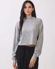 Women's cropped mock neck sweater with balloon sleeves and relaxed fit