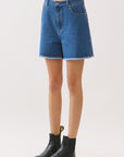 BTTRMMT Rae High Rise Denim Shorts front view with high-rise waist, classic blue denim, and raw hem finish
