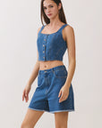 BTTRMMT Rae Structured Denim Top side view showing structured denim fit, clean seams, and cropped silhouette