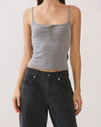 BTTRMMT Gray Lina Striped Button Tank front view with fitted cropped silhouette, thin straps, and button-front detail