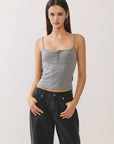 BTTRMMT Gray Lina Striped Button Tank front view with fitted cropped silhouette, thin straps, and button-front detail