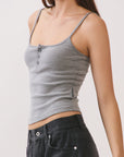 BTTRMMT Gray Lina Striped Button Tank side view showing slim fit, cropped length, and lightweight striped fabric
