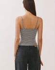 BTTRMMT Gray Lina Striped Button Tank back view highlighting clean back design, spaghetti straps, and fitted shape