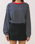 BTTRMMT Ellie Striped Long Sleeve front view with navy and white stripes, relaxed fit, and red crew neckline