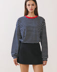 BTTRMMT Ellie Striped Long Sleeve front view with navy and white stripes, relaxed fit, and red crew neckline