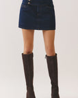 BTTRMMT Romi Denim Skort front view showing dark wash denim skort with mini skirt silhouette