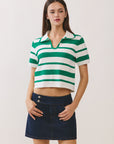 BTTRMMT Yuri Striped Top front view with cropped fit, green and white stripes, and collar neckline