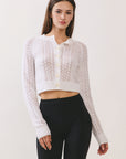 BTTRMMT lila lace cardigan front view with button-front design, delicate lace knit, and fitted silhouette