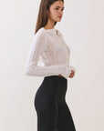 BTTRMMT lila lace cardigan side view showing long sleeves, lightweight lace texture, and slim fit
