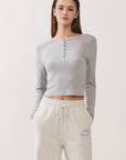 BTTRMMT Gray Aubree Henley Top front view with cropped fit, long sleeves, soft ribbed fabric, and button neckline