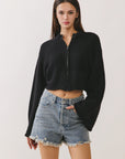 BTTRMMT Sunkissed Fringe High Rise Denim Shorts front view with high-rise fit and raw fringe hem