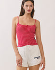 BTTRMMT Red Lina Striped Button Tank front view with slim fit, red stripe pattern, and button-front detail