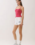 BTTRMMT Red Lina Striped Button Tank side view showing fitted silhouette and lightweight stretch