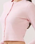 BTTRMMT Pink Sophie Ribbed Button Cardigan close-up showing ribbed fabric texture and button-front detail