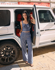 The Delilah Set โ Blue Linen Tie-Front Crop Top & Wide-Leg Pants Two-Piece Matching Set