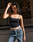 BTTRMMT nicole lace tank front view worn in downtown Los Angeles with fitted cropped silhouette and lace trim
