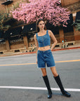 BTTRMMT Rae Structured Denim Top styled in downtown Los Angeles with high-rise denim for a modern street look