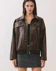 BTTRMMT Reign Faux Leather Jacket front view with oversized fit, zip front, and smooth faux leather