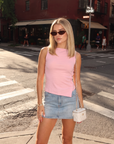 BTTRMMT Pink Serenity Side-Slit Top front view with fitted silhouette, sleeveless cut, and ribbed texture