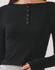BTTRMMT Black Aubree Henley Top close-up showing button placket detail and soft ribbed fabric texture.