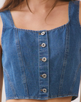 BTTRMMT Rae Structured Denim Top Close up view with square neckline, button-front detail, and cropped structured fit