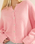 BTTRMMT Pink Millie Cardigan close-up showing fuzzy knit texture, button detail, and soft cozy fabric