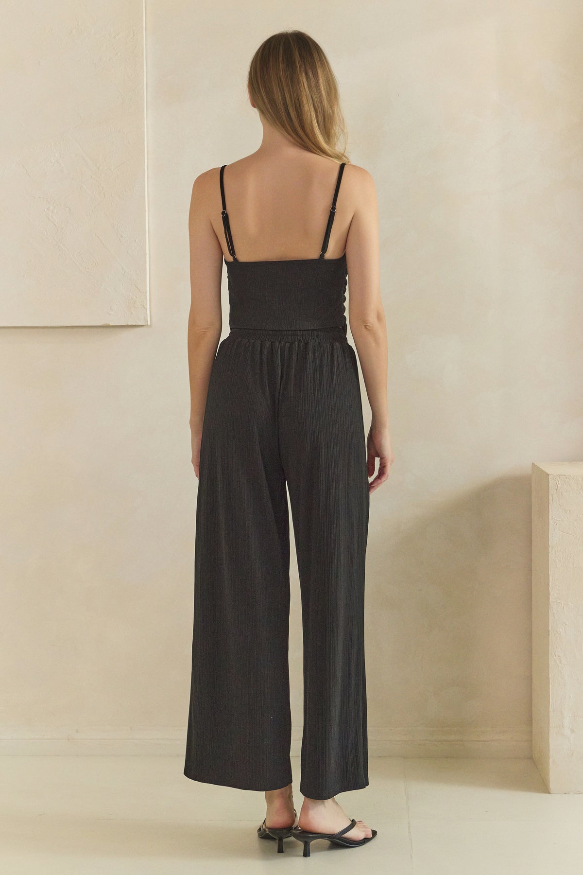 Black ruched square-neck crop top and wide-leg pants matching set with drawstring waist