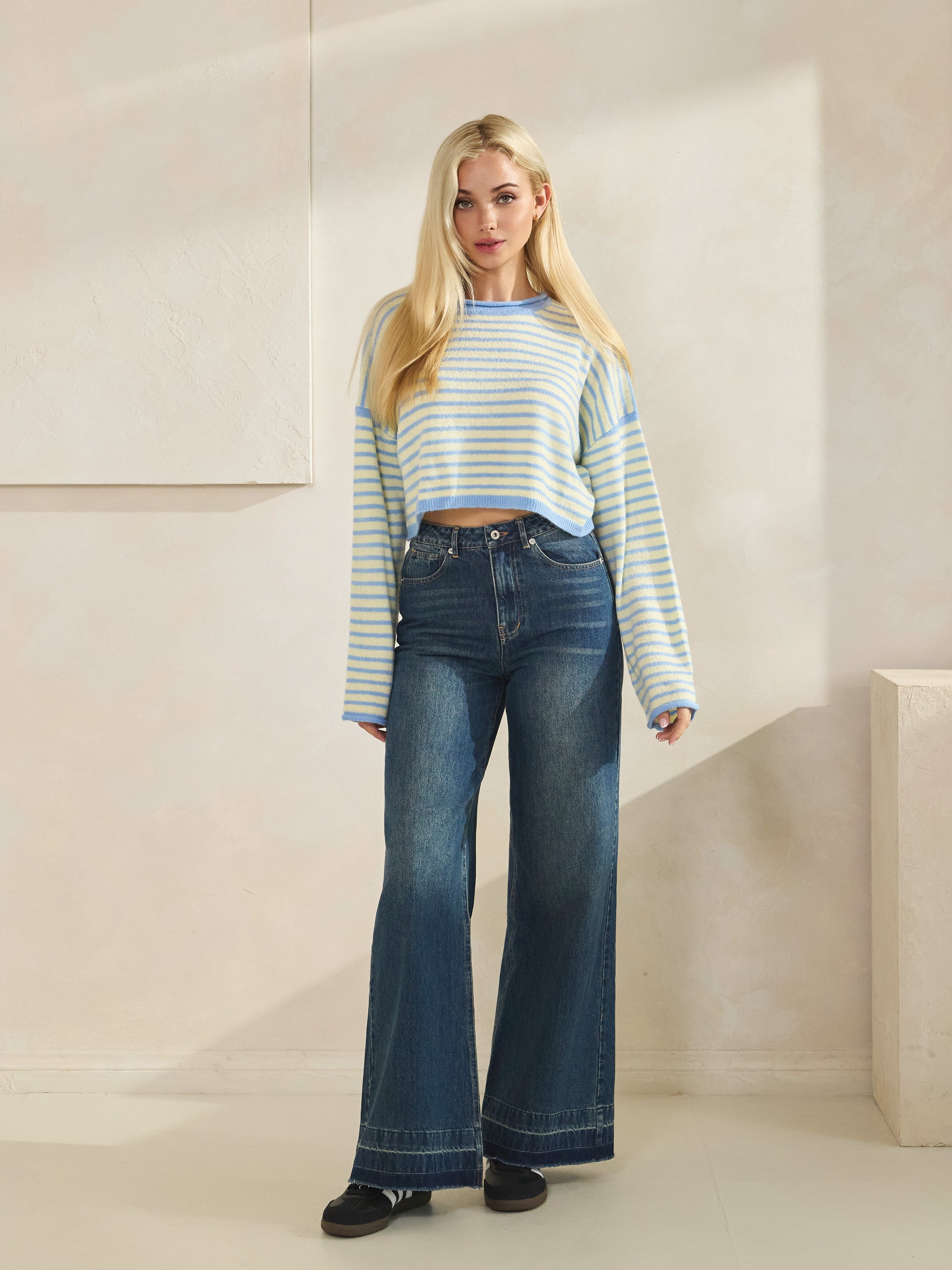 BTTRMMT Aura High Rise Wide Leg Jeans side view highlighting structured denim and wide-leg silhouette