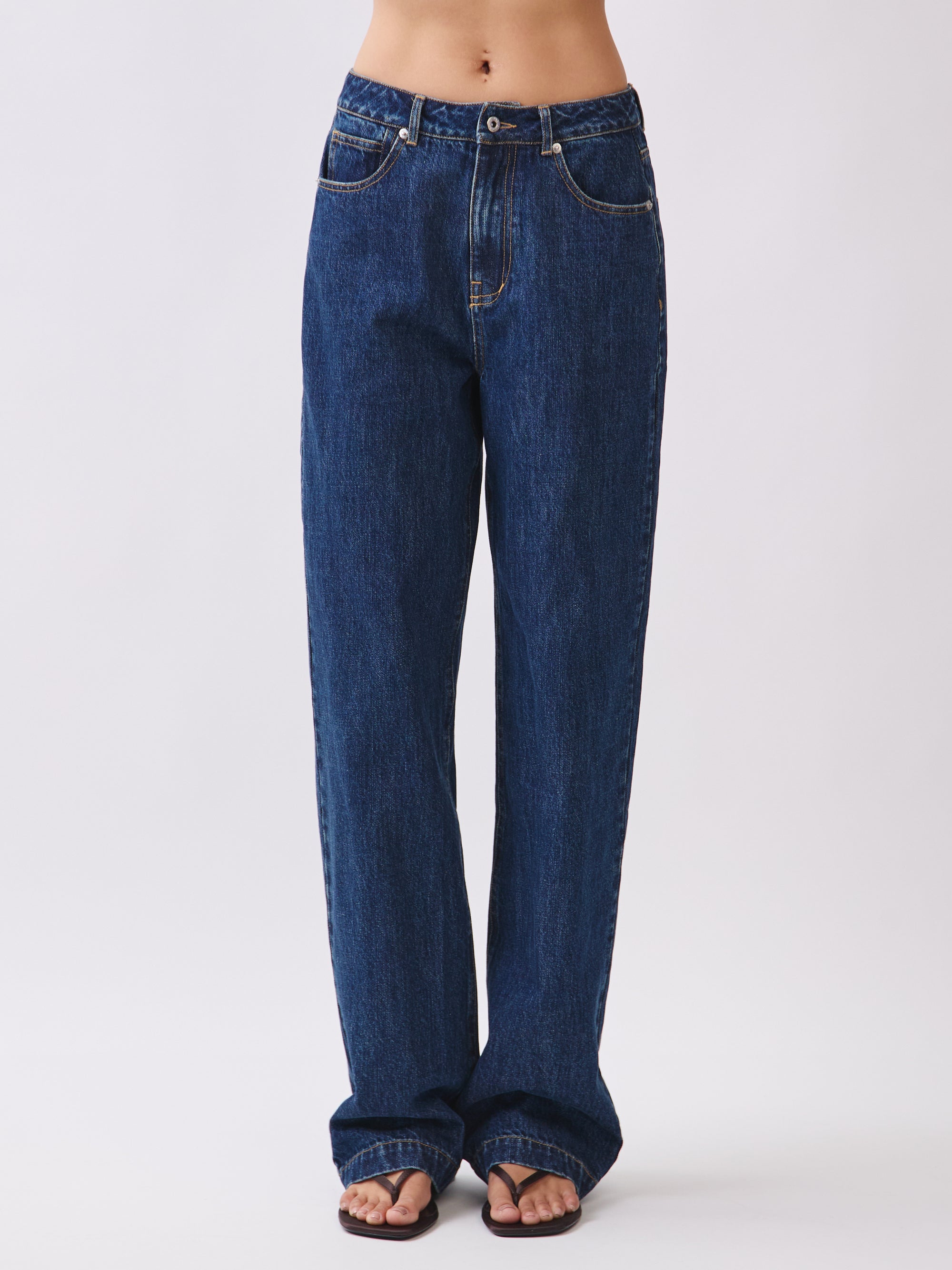 Front view of BTTRMMT Emery Straight Jean in dark blue denim, featuring a relaxed straight-leg fit and mid-rise waist.
