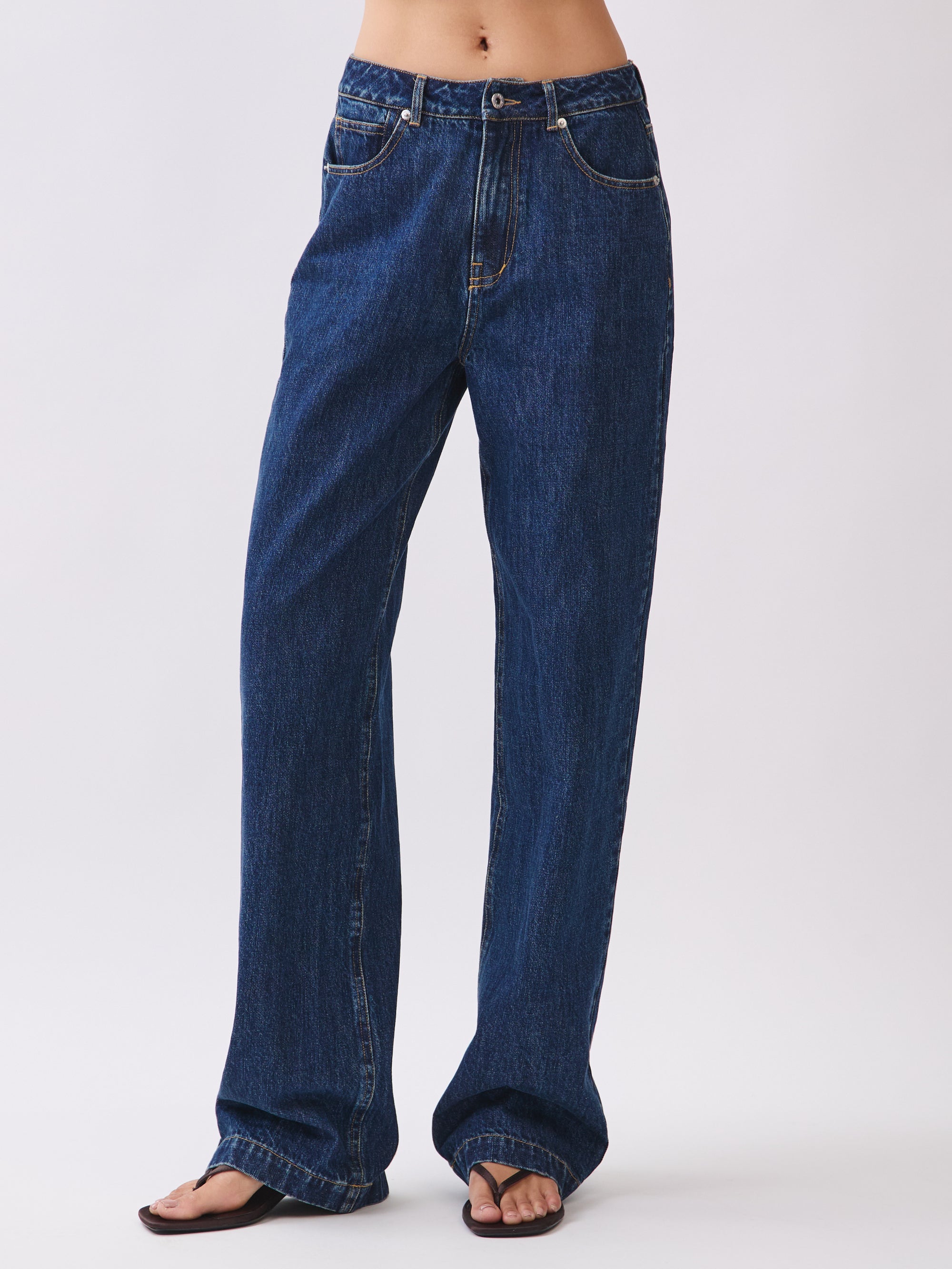 Front view of BTTRMMT Emery Straight Jean in dark blue denim, featuring a relaxed straight-leg fit and mid-rise waist.