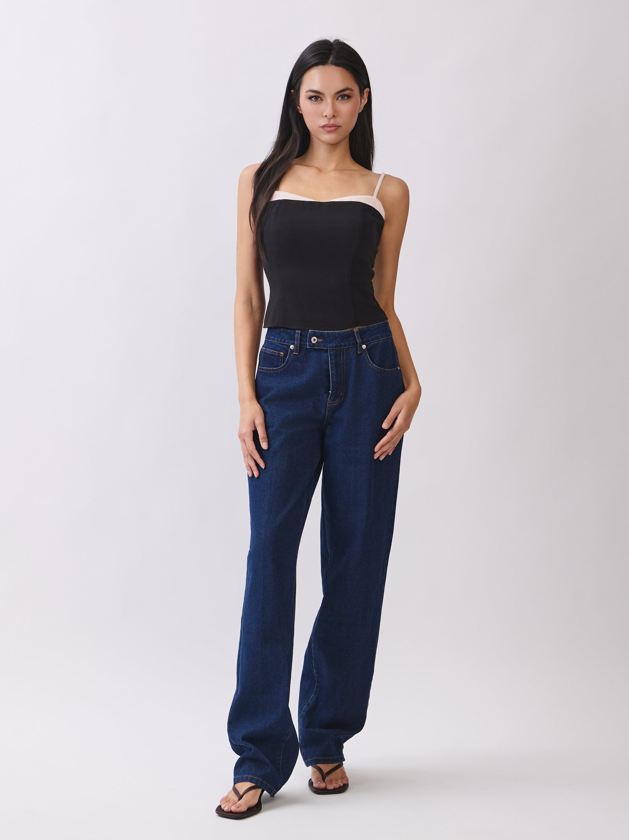 BTTRMMT Hadley Contrast Trim Top front view with fitted silhouette, spaghetti straps, and contrast neckline