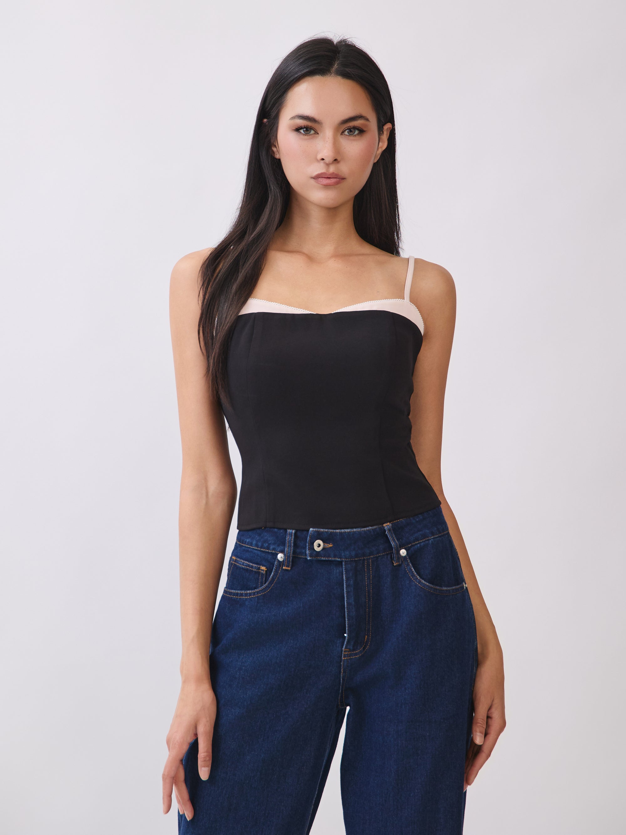 BTTRMMT Hadley Contrast Trim Top front view with fitted silhouette, spaghetti straps, and contrast neckline