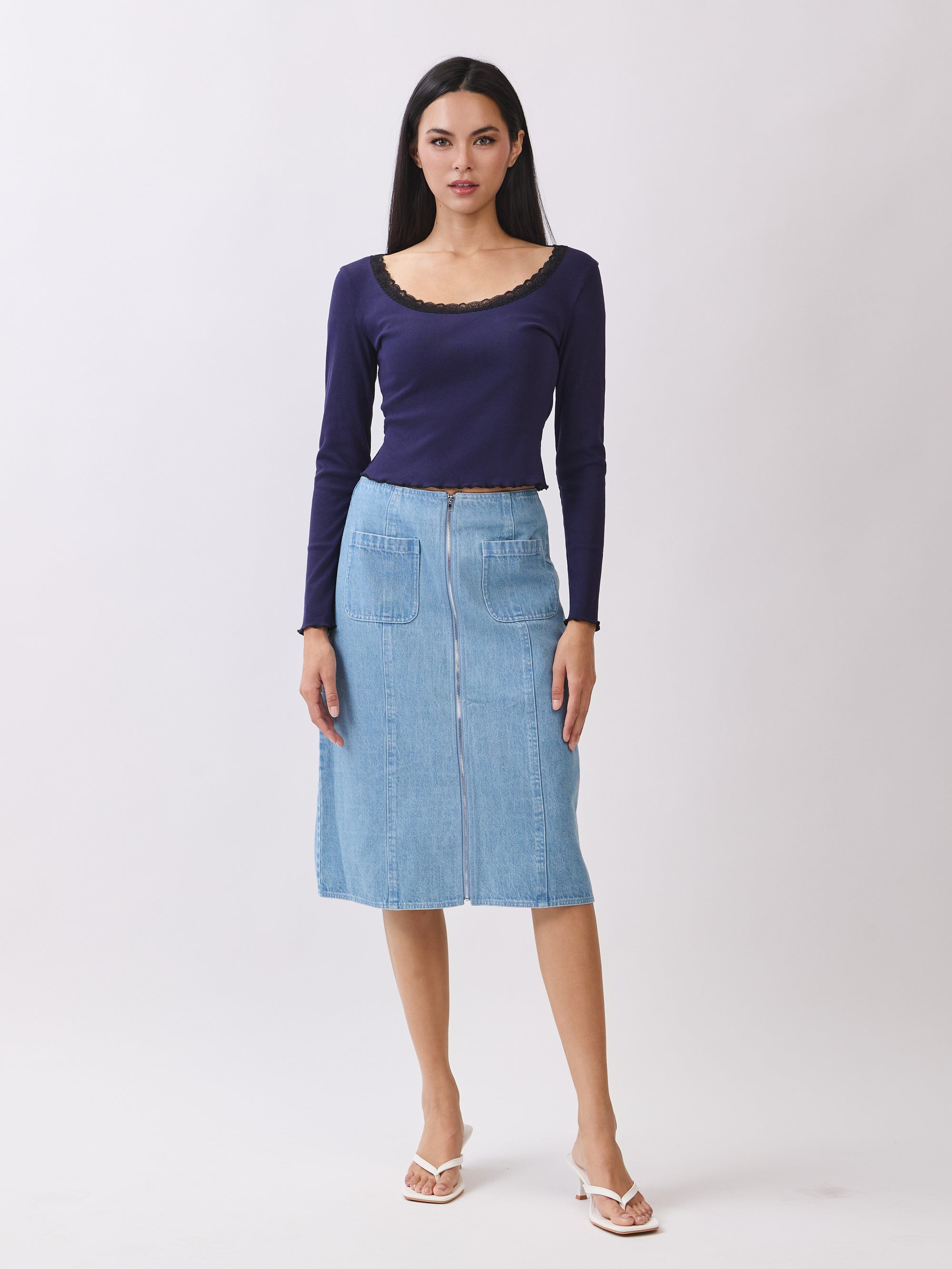 BTTRMMT Naya Lace Long Sleeve Top front view with fitted silhouette, scoop neckline, and lace trim