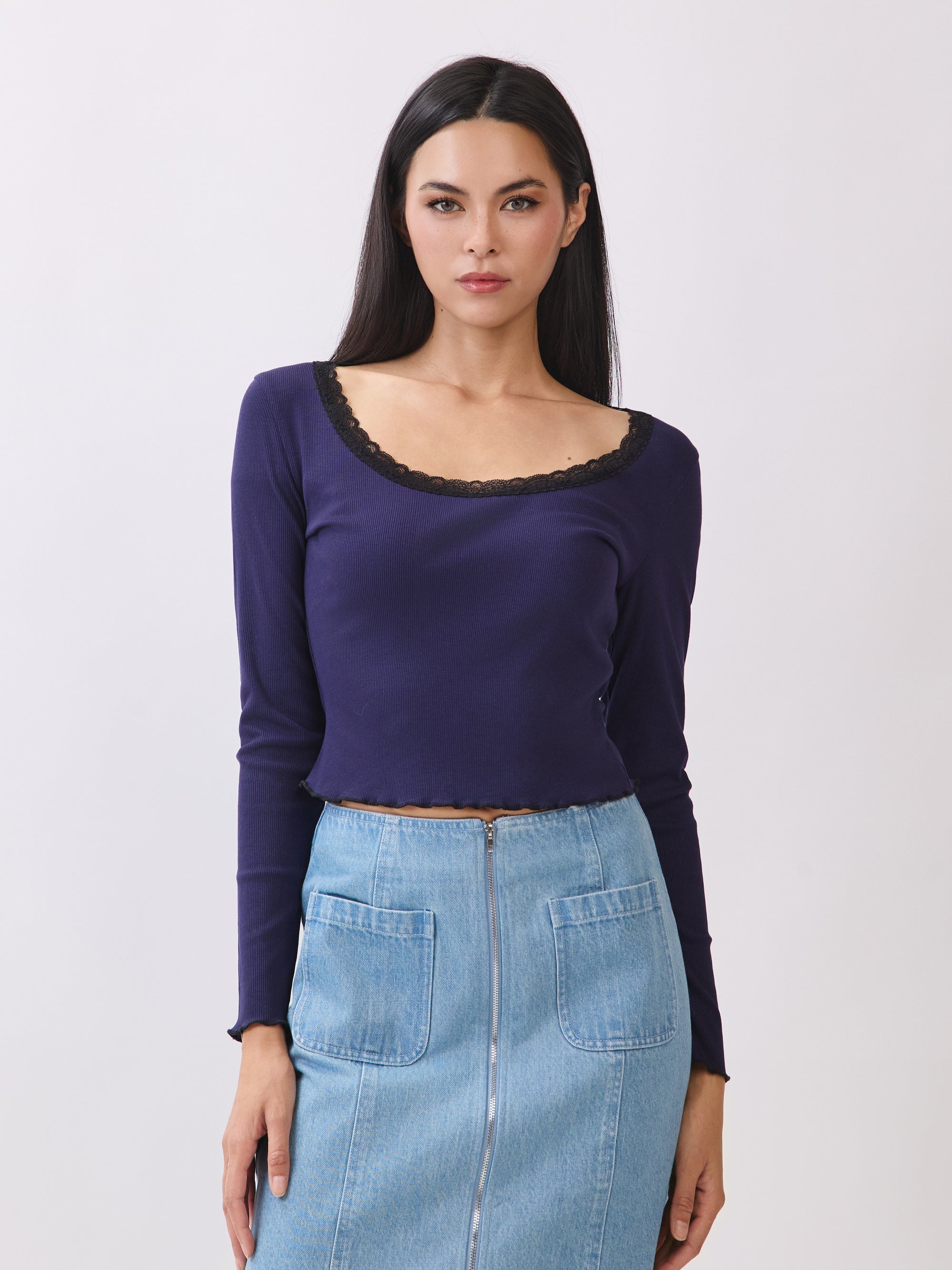 BTTRMMT Naya Lace Long Sleeve Top front view with fitted silhouette, scoop neckline, and lace trim